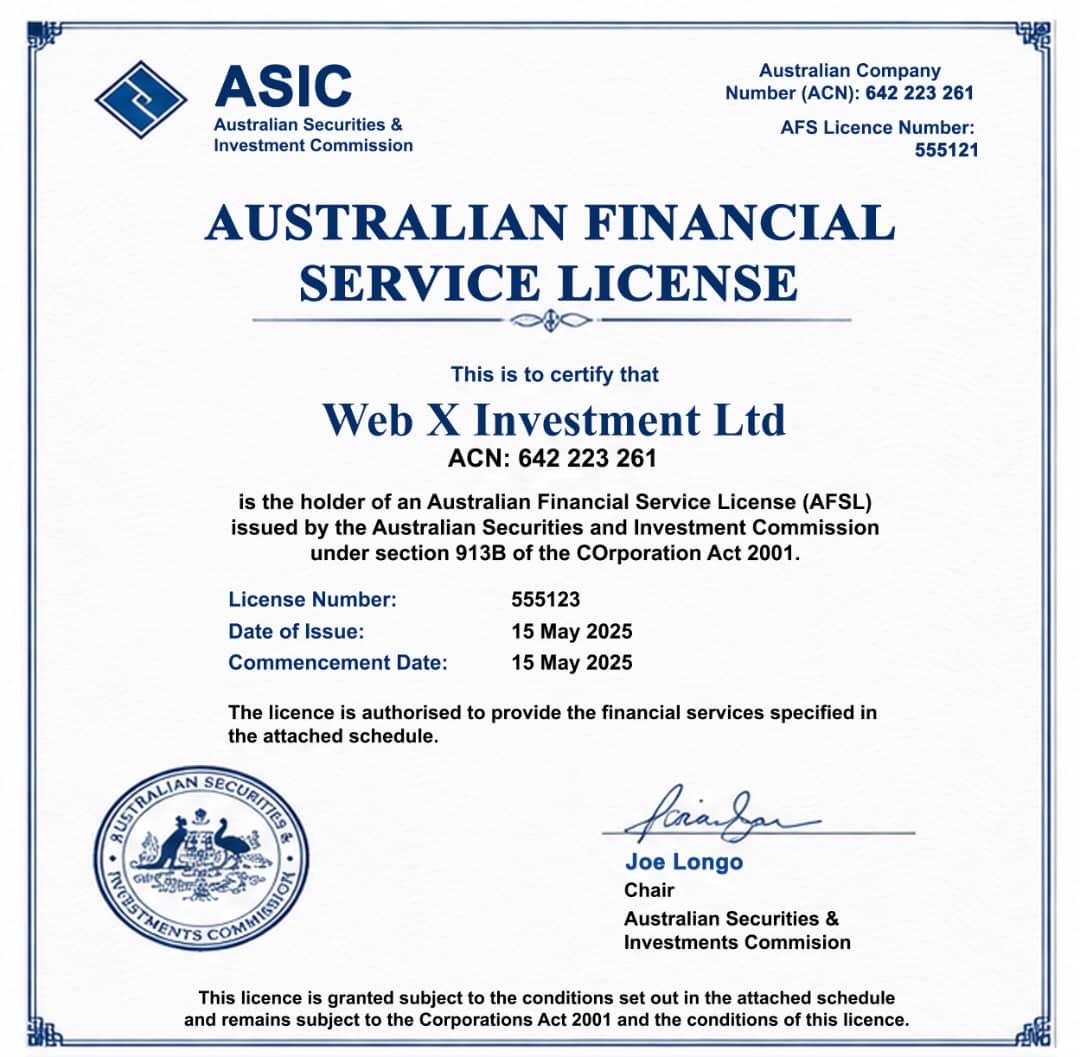 Australian Financial Services License certificate awarded to Web X Investment by the Australian Securities and Investments Commission (ASIC)