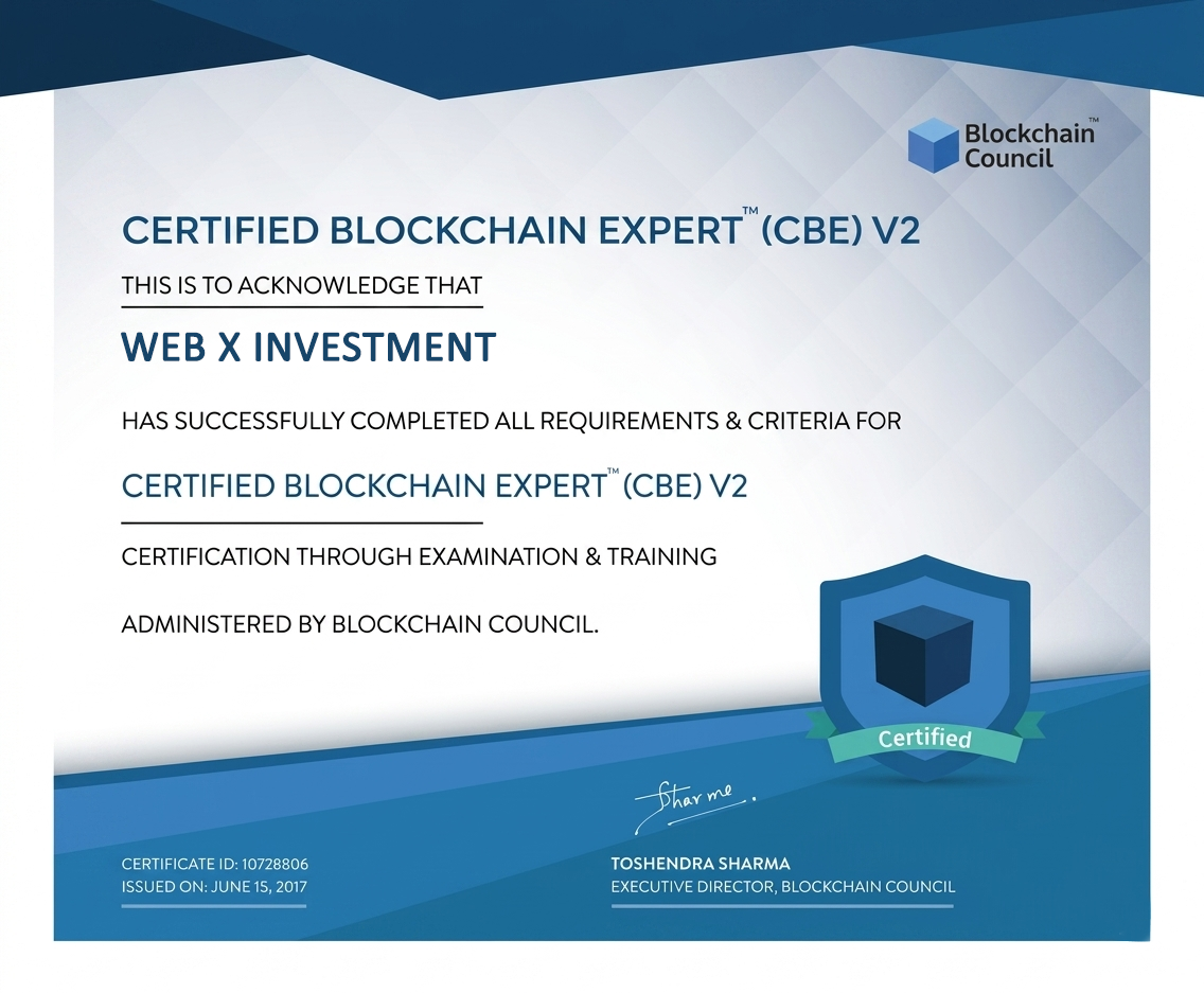 Certified Blockchain Expert (CBE) V2 certificate awarded to Web X Investment by the Blockchain Council