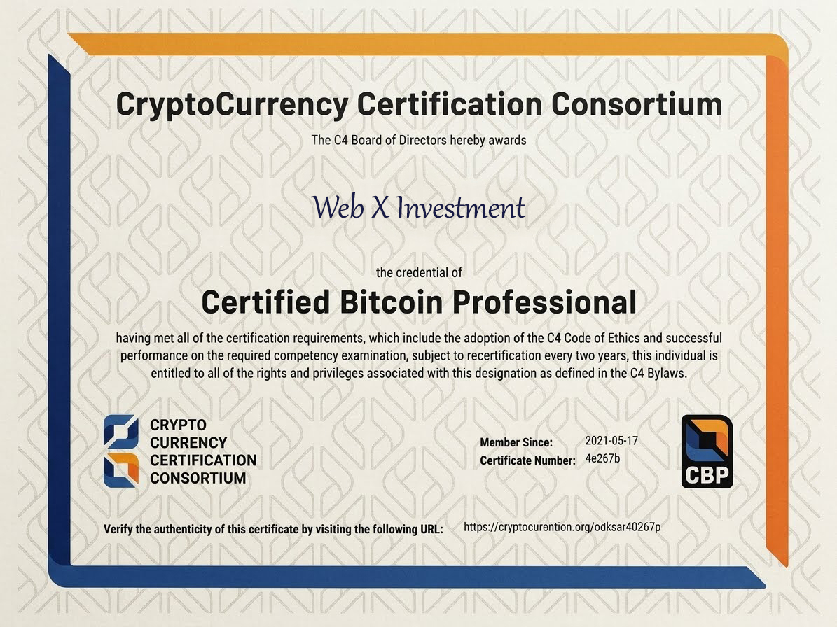 Certified Bitcoin Professional certificate awarded to Web X Investment by the CryptoCurrency Certification Consortium