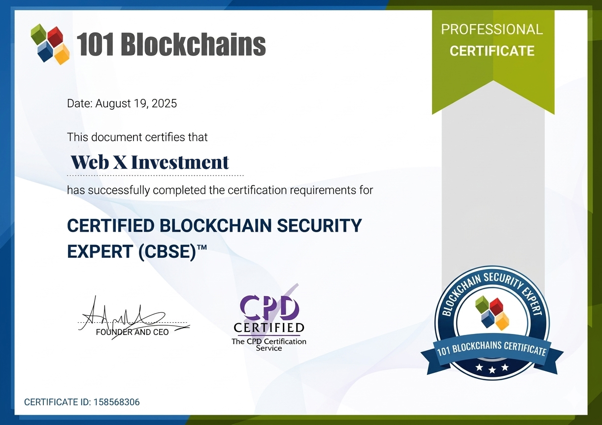 Certified Blockchain Security Expert (CBSP) certificate awarded to Web X Investment by 101 Blockchains