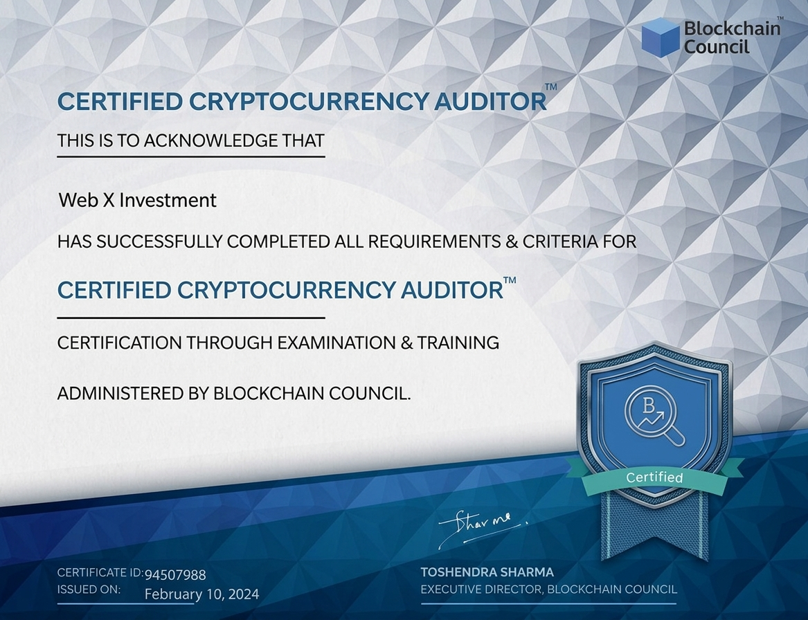 Certified Cryptocurrency Auditor certificate awarded to Web X Investment by Blockchain Council