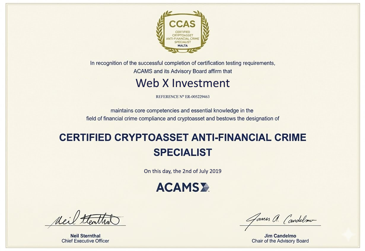 Certified Cryptoasset Anti-Financial Crime Specialist certificate awarded to Web X Investment by ACAMS