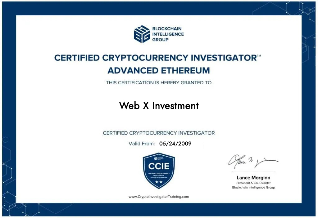 Certified Cryptocurrency Investigator – Advanced Ethereum certificate awarded to Web X Investment by Blockchain Intelligence Group