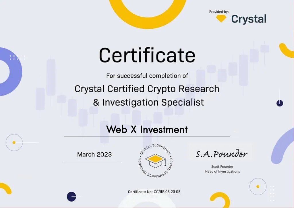 Crystal Certified Crypto Research & Investigation Specialist certificate awarded to Web X Investment