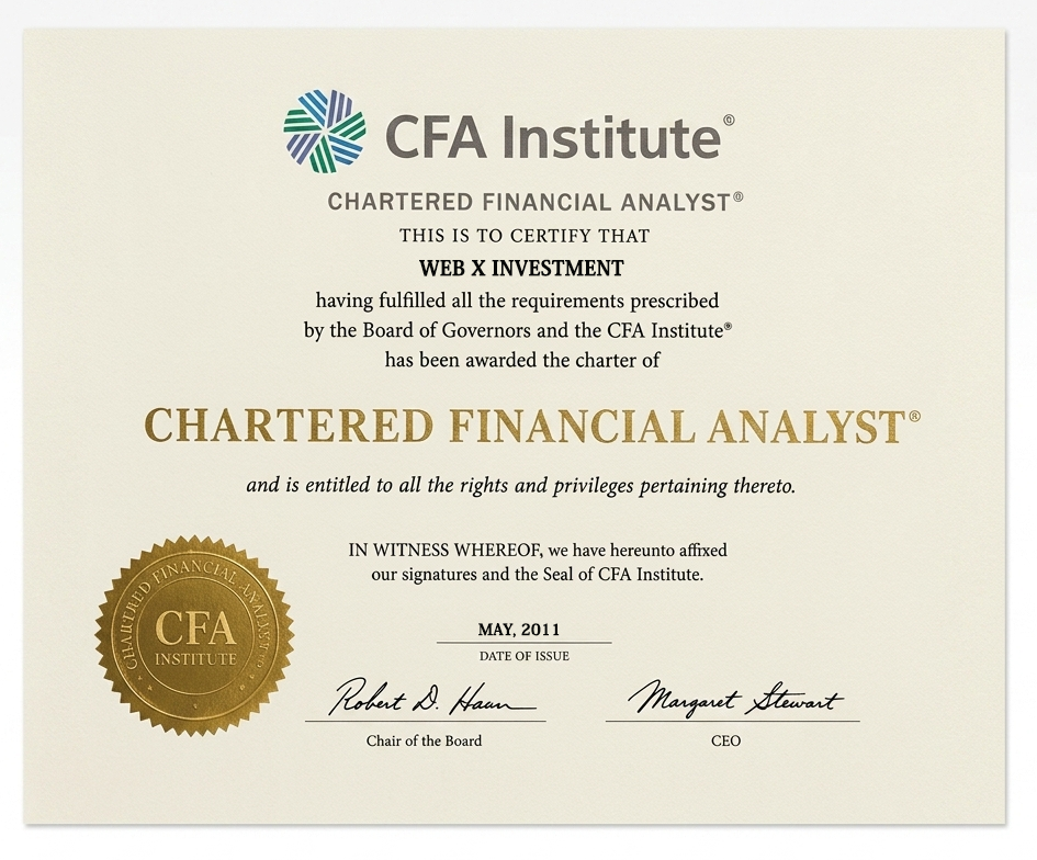Chartered Financial Analyst certificate awarded to Web X Investment by CFA Institute