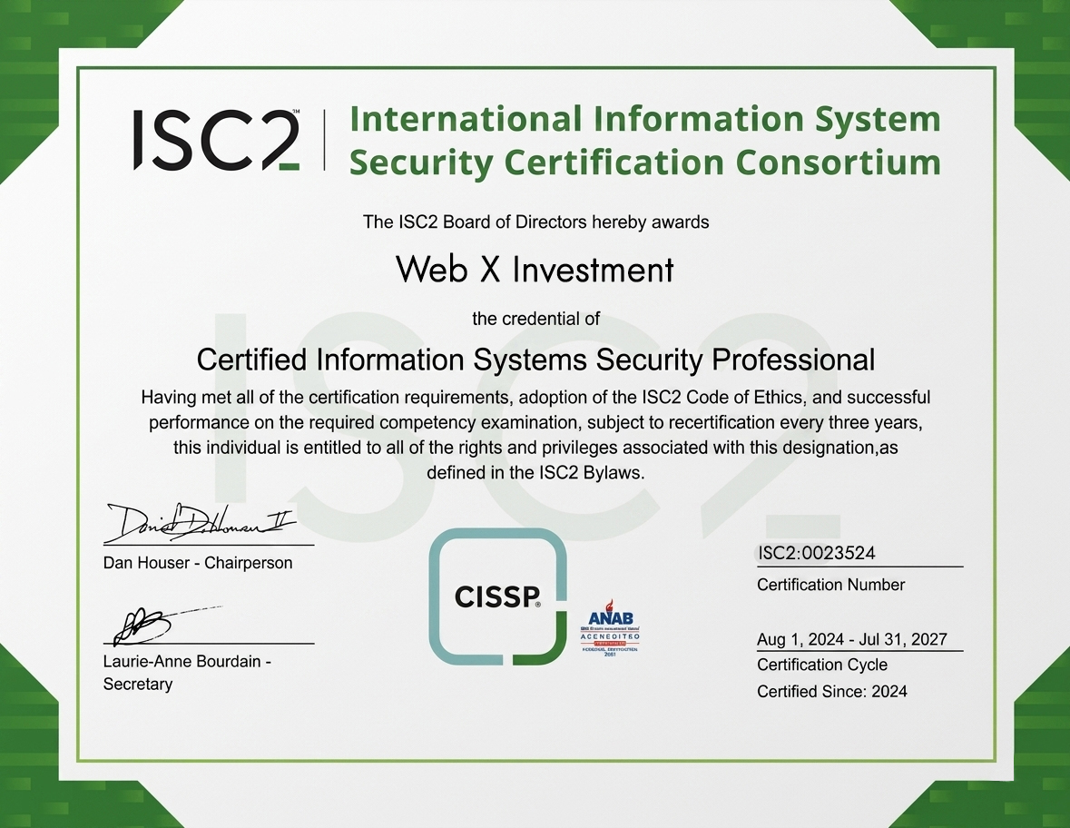 Certified Information Systems Security Professional certificate awarded to Web X Investment by ISC2