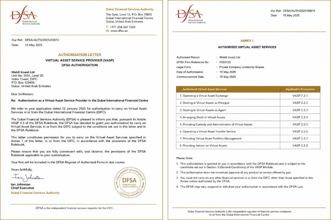 Dubai Financial Services Authority (DFSA) Virtual Asset Service Provider authorisation letter awarded to Web X Investment