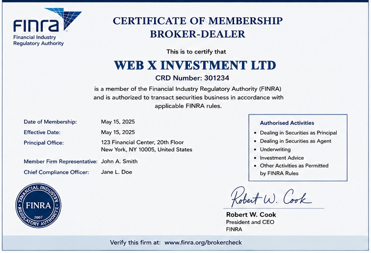 FINRA Certificate of Membership as a Broker-Dealer awarded to Web X Investment by the Financial Industry Regulatory Authority