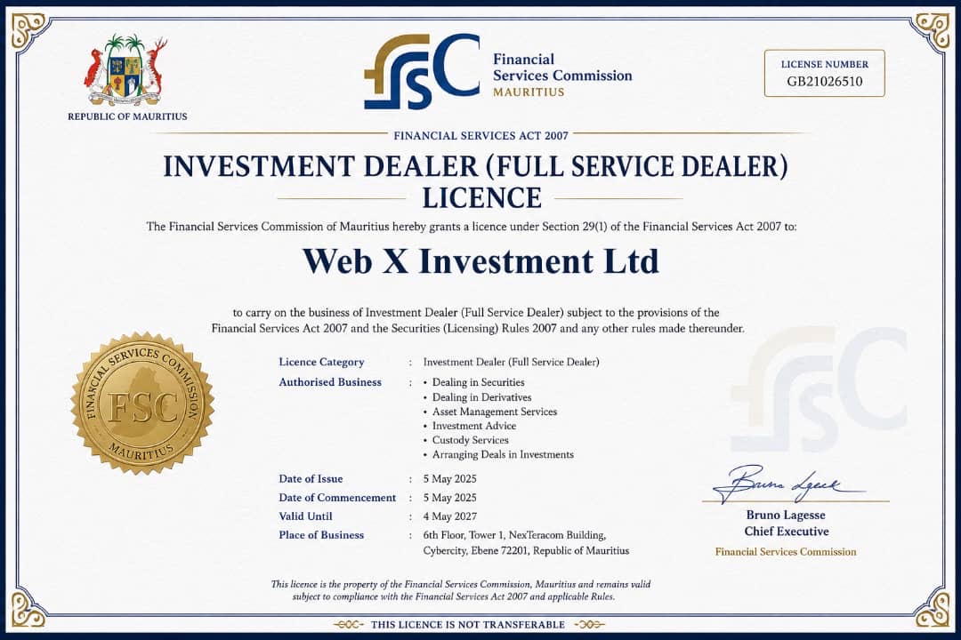 Investment Dealer (Full Service Dealer) Licence awarded to Web X Investment by the Financial Services Commission, Mauritius