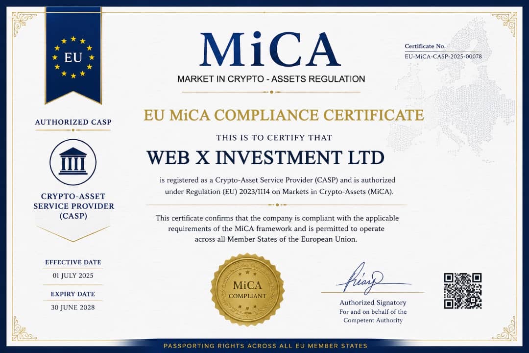 EU Markets in Crypto-Assets (MiCA) Compliance Certificate awarded to Web X Investment as an authorized Crypto-Asset Service Provider