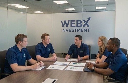 WebX Investment leadership team meeting in the glass conference room
