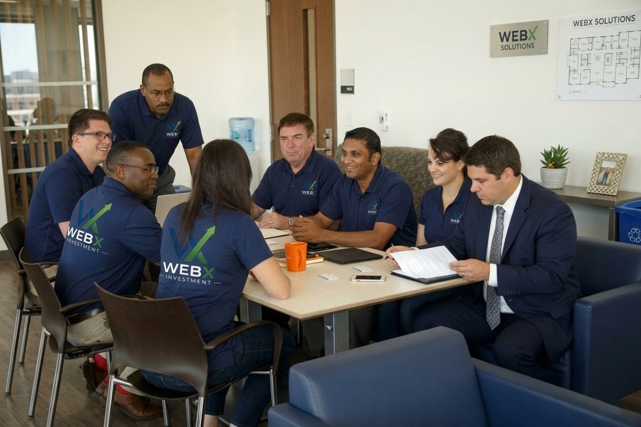 WebX staff gathered around a table in a team meeting at the office